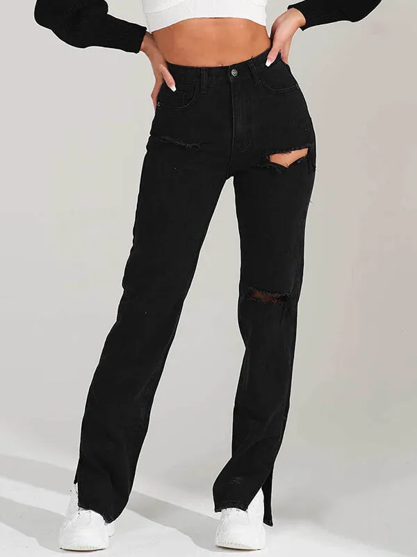 Airchics longue jeans droit déchiré troué fentes à la base femme mode