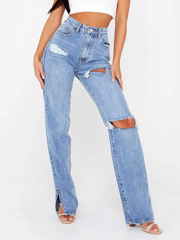 Airchics longue jeans droit déchiré troué fentes à la base femme mode