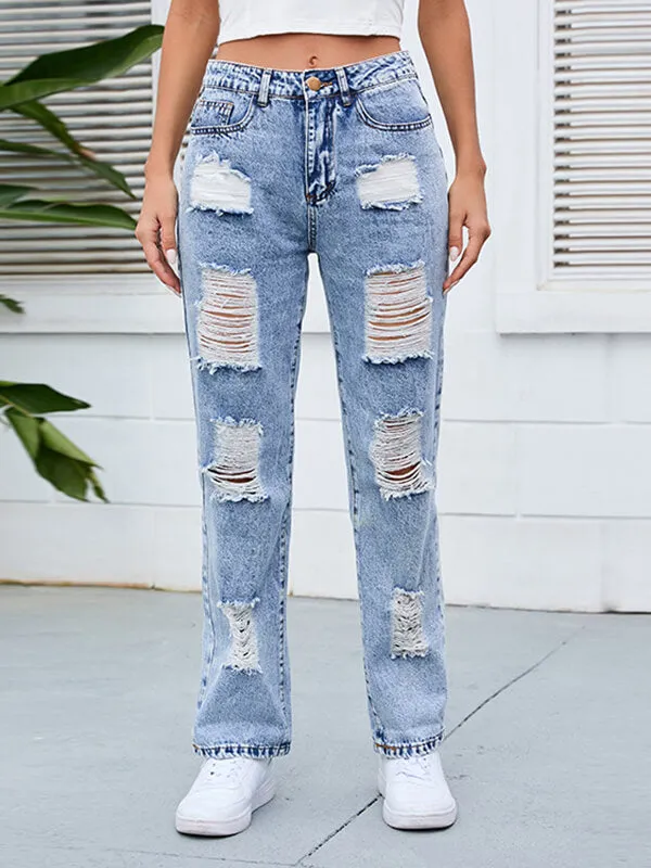 Airchics longue jeans déchiré troué boutons avec poches mi taille femme mode bleu