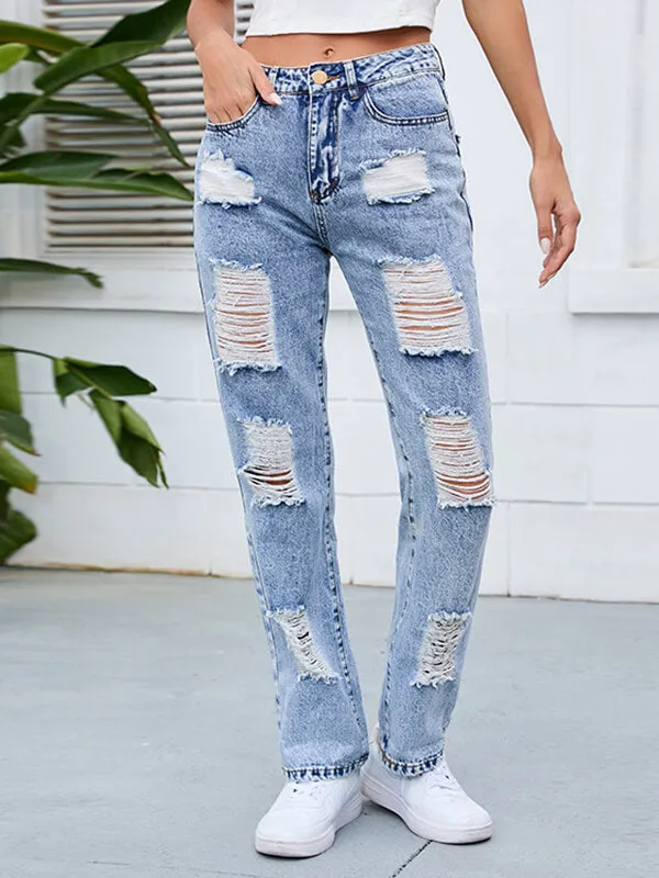 Airchics longue jeans déchiré troué boutons avec poches mi taille femme mode bleu