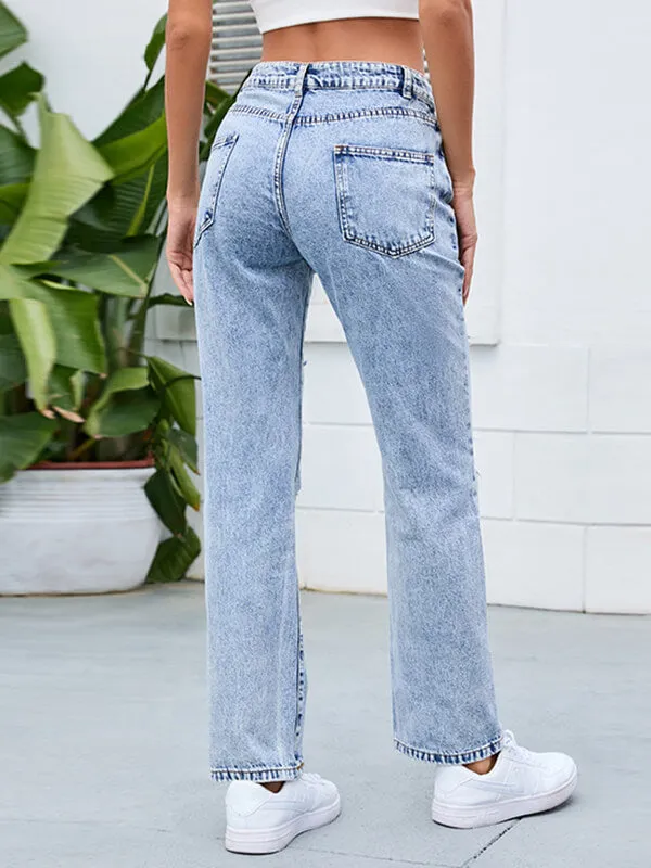 Airchics longue jeans déchiré troué boutons avec poches mi taille femme mode bleu