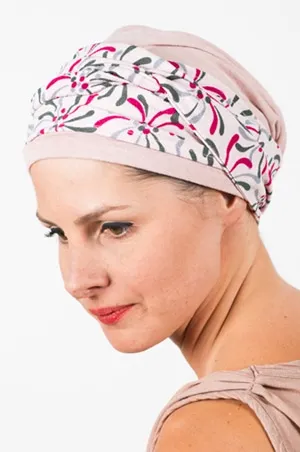 Bandeau japonais pour chimiothérapie et pelade et son bonnet assorti rose