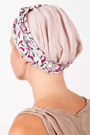 Bandeau japonais pour chimiothérapie et pelade et son bonnet assorti rose