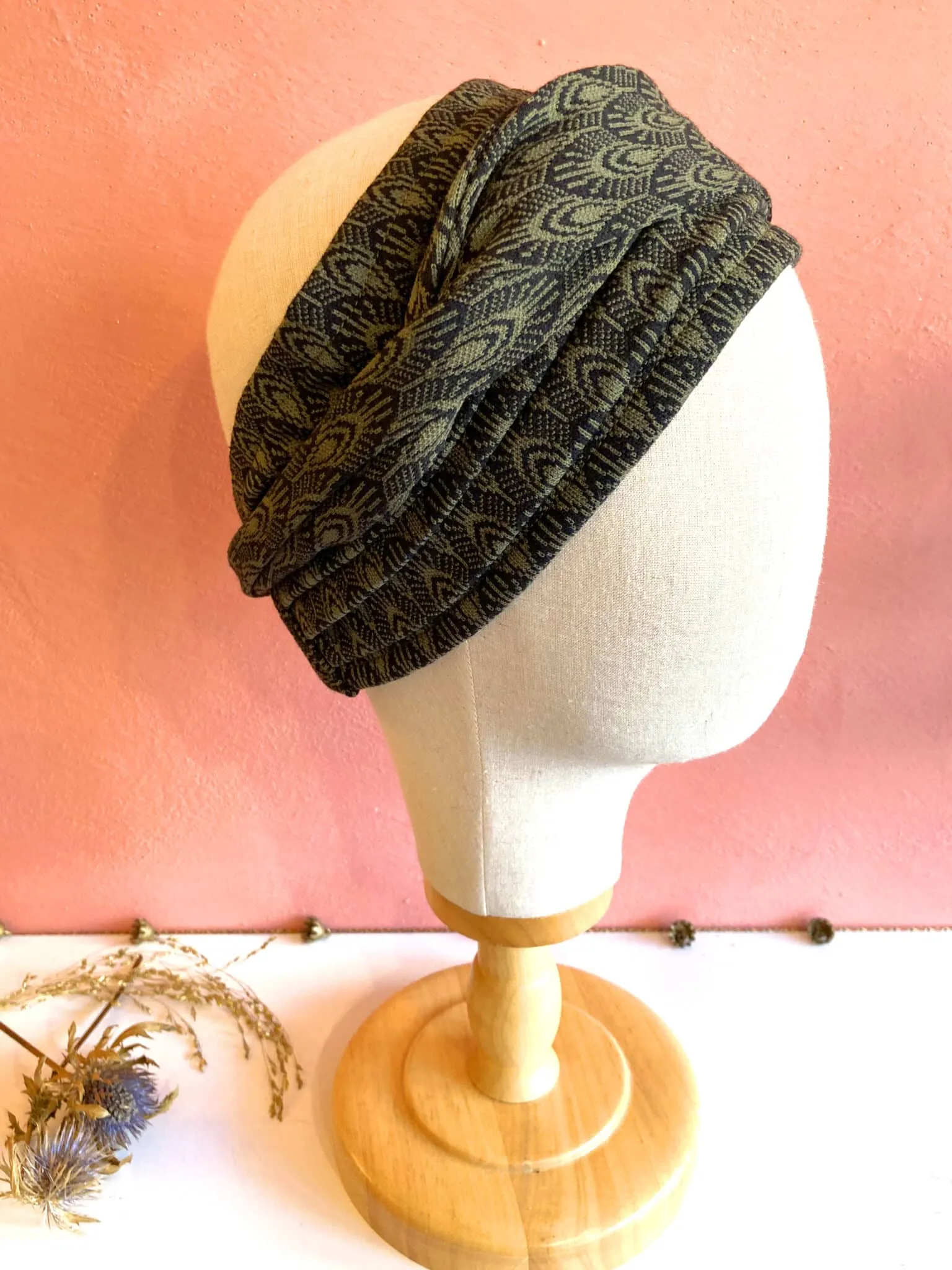 Bandeau à cheveux chaud et épais Peacock vert kaki | Atelier Foudre Turbans