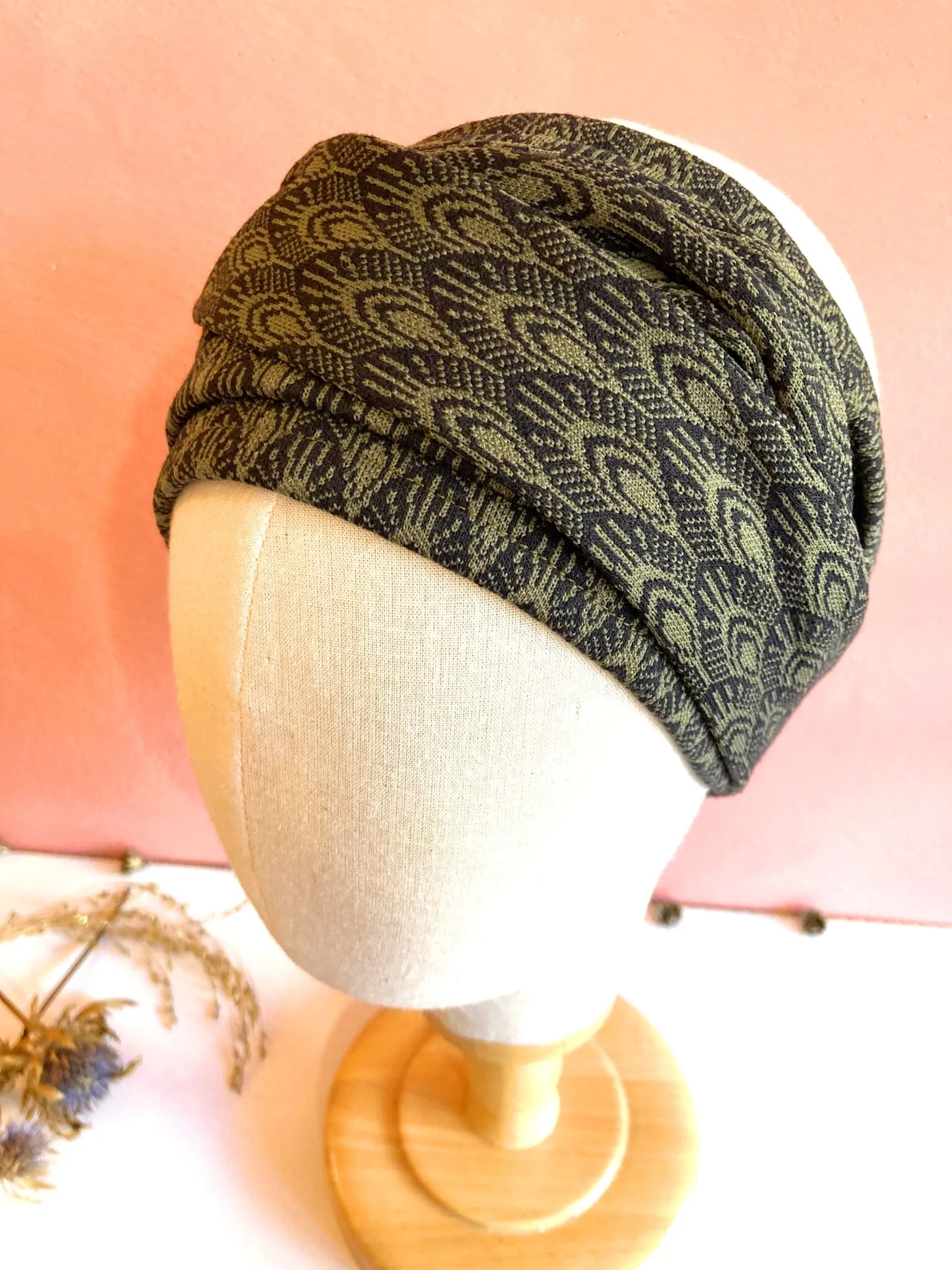 Bandeau à cheveux chaud et épais Peacock vert kaki | Atelier Foudre Turbans