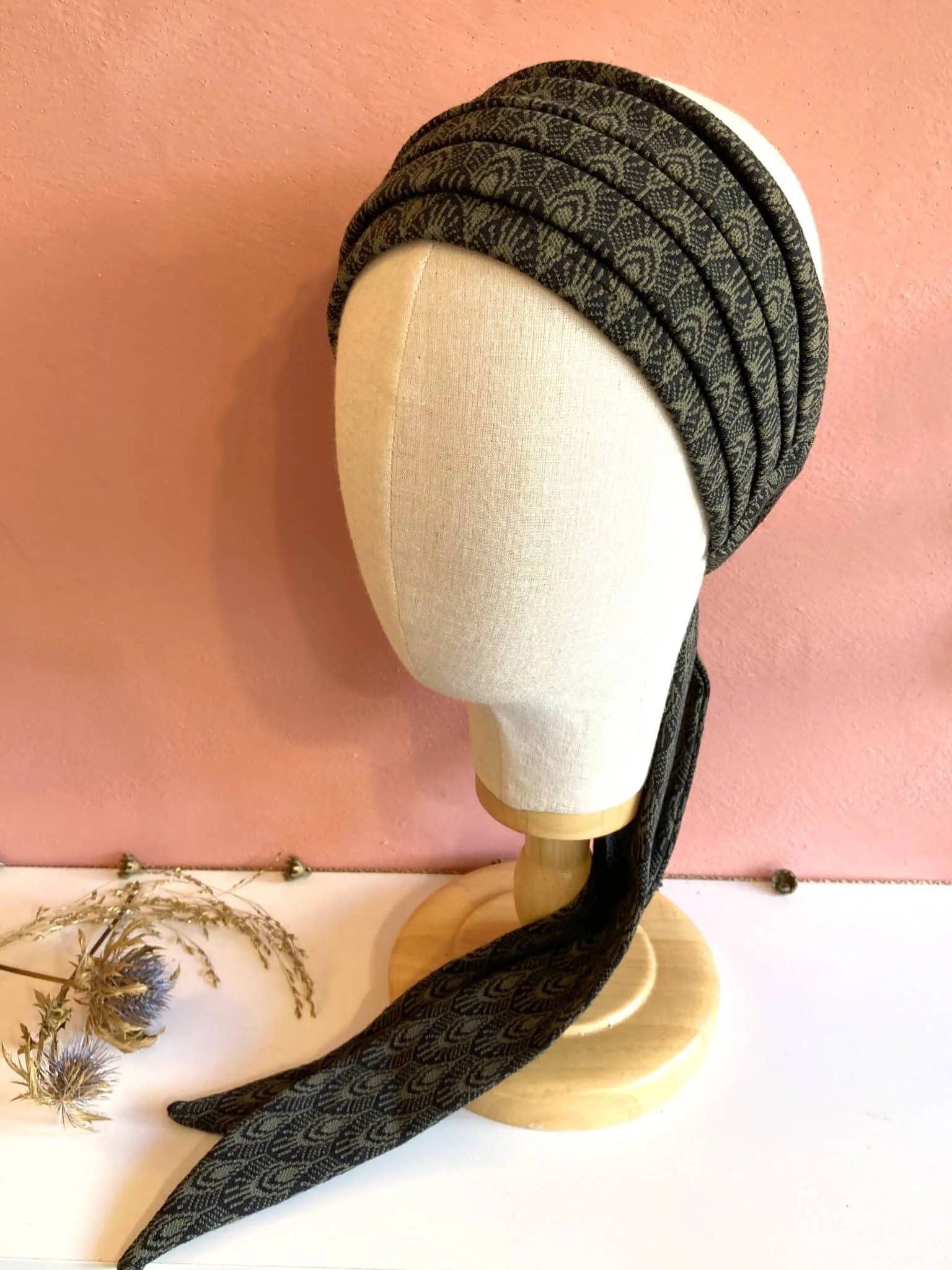 Bandeau à cheveux chaud et épais Peacock vert kaki | Atelier Foudre Turbans