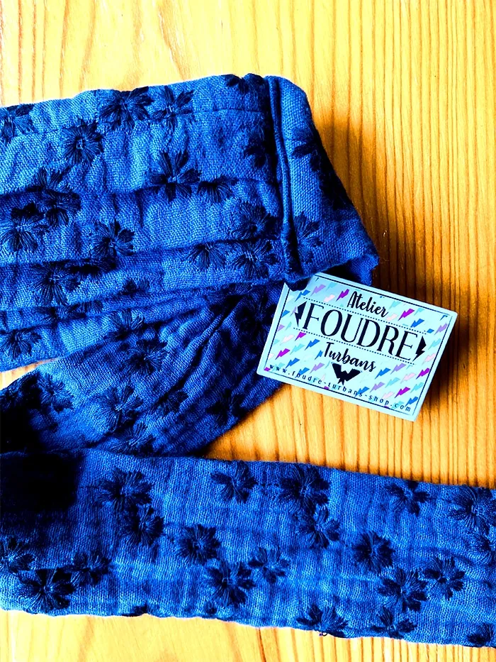 Bandeau à cheveux large en coton Broderie fleurs bleu