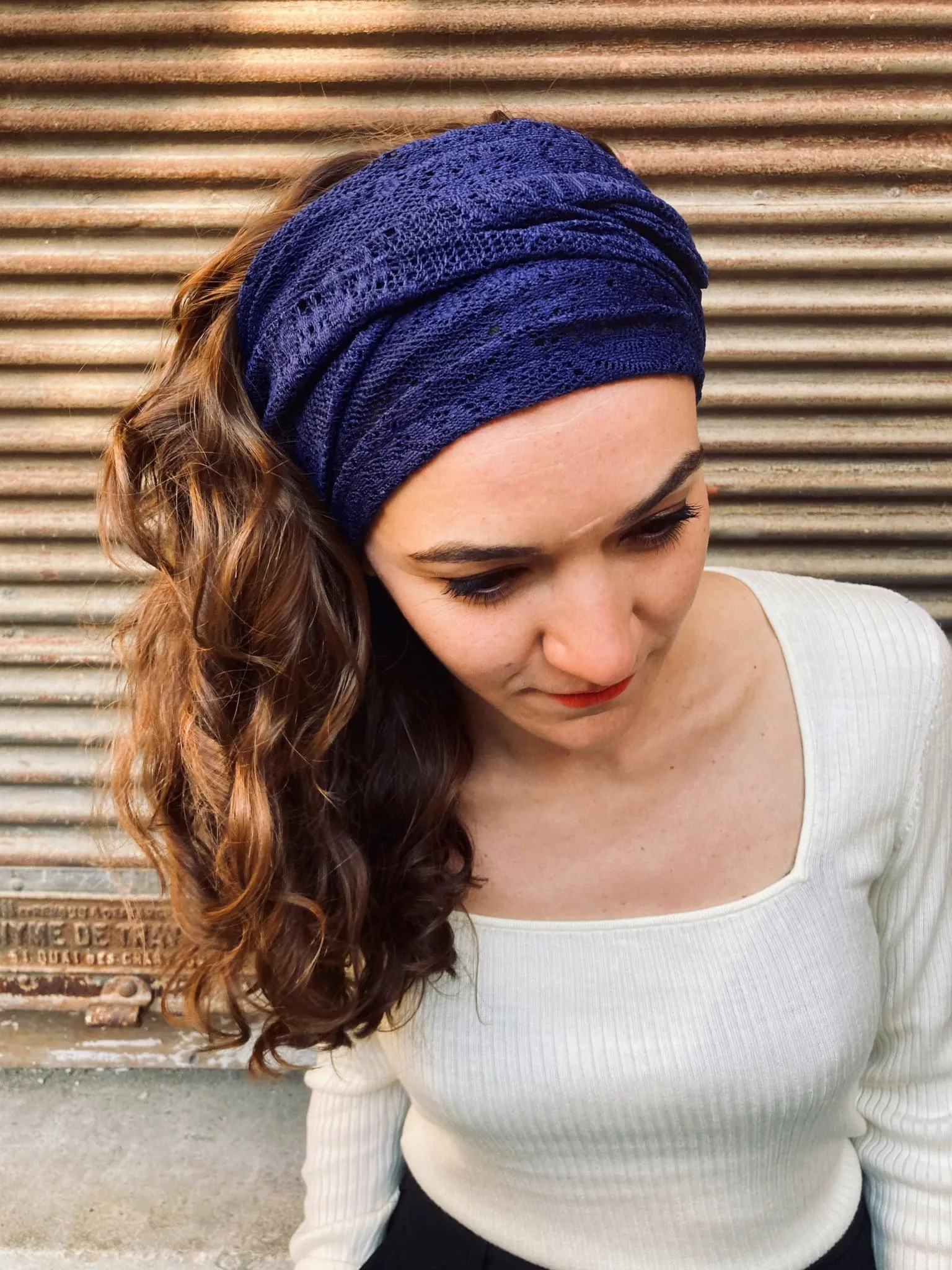 Bandeau à cheveux – Dentelle marine | Atelier Foudre Turbans