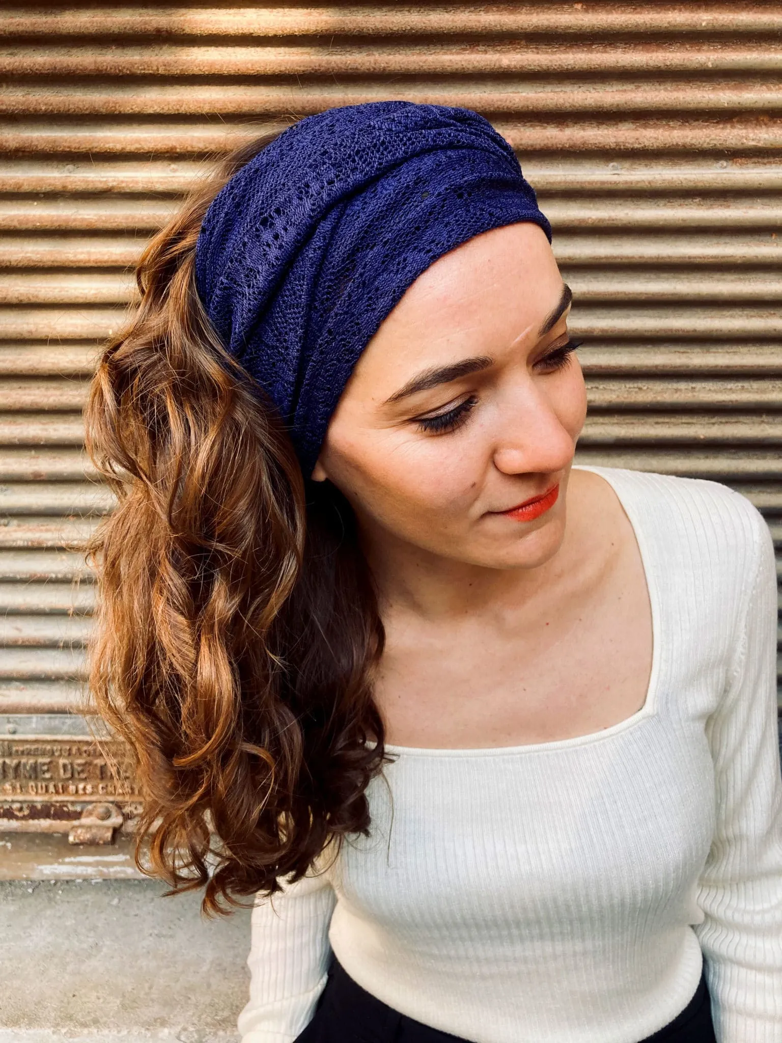 Bandeau à cheveux – Dentelle marine | Atelier Foudre Turbans