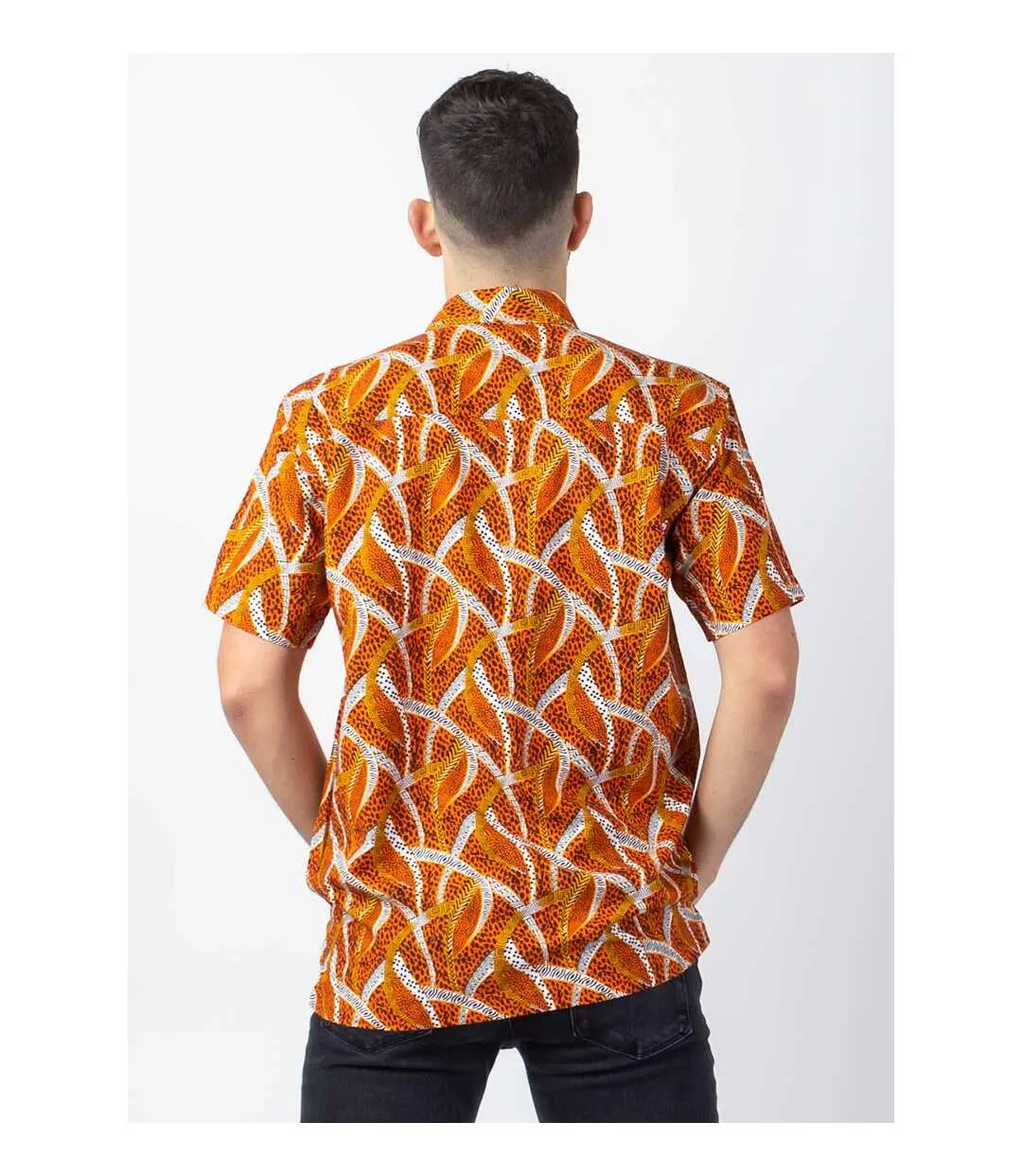 Chemise homme manches courtes LORENZO imprimé ethnique orange Coton Du Monde