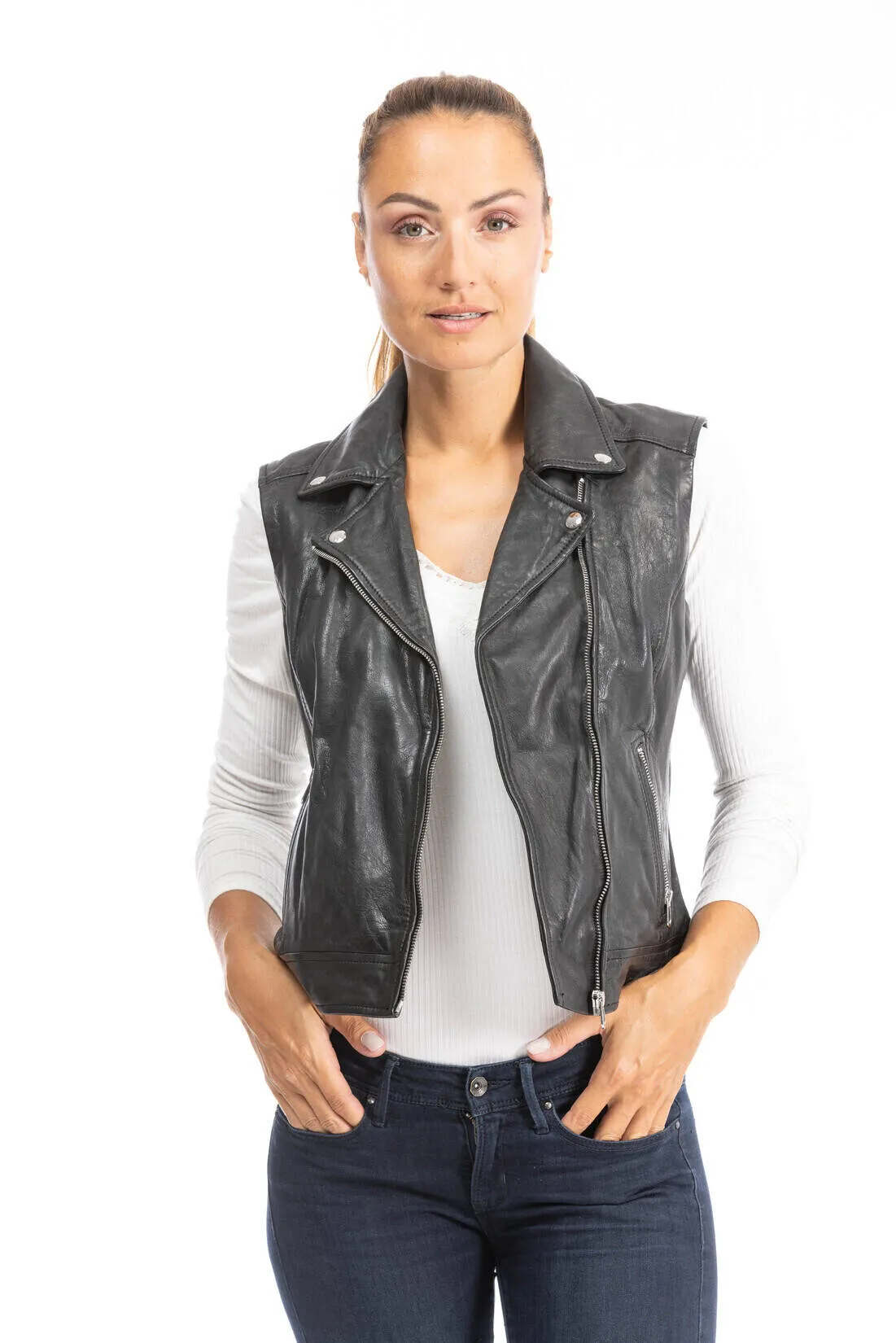 Gilet sans manches cuir femme noir