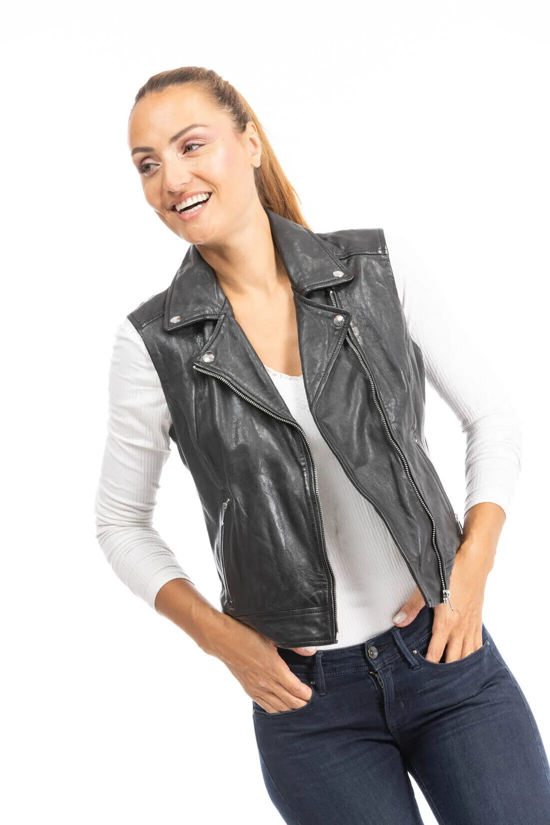 Gilet sans manches cuir femme noir