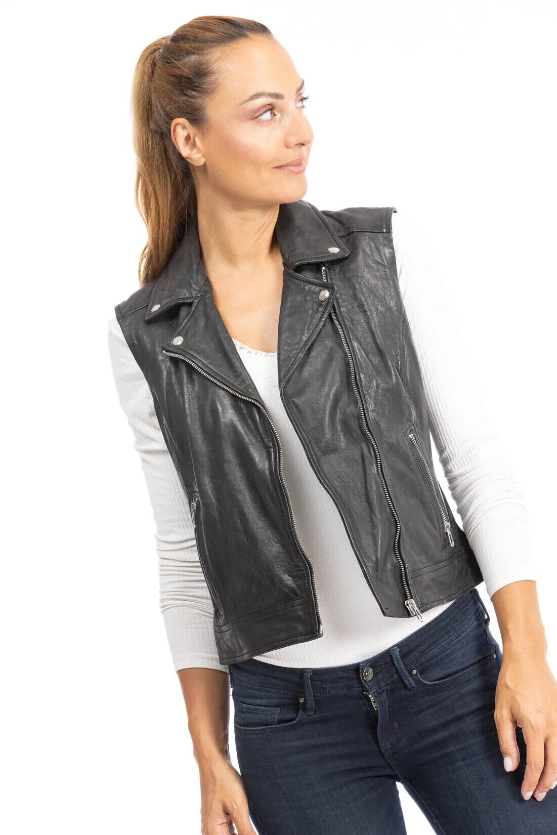 Gilet sans manches cuir femme noir