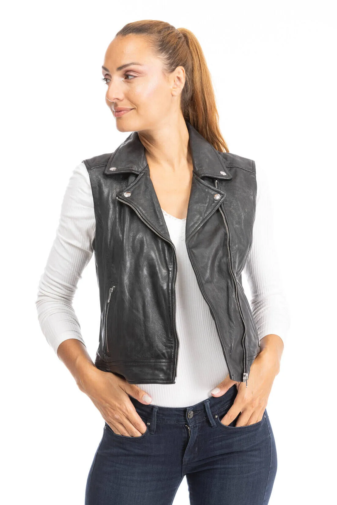 Gilet sans manches cuir femme noir