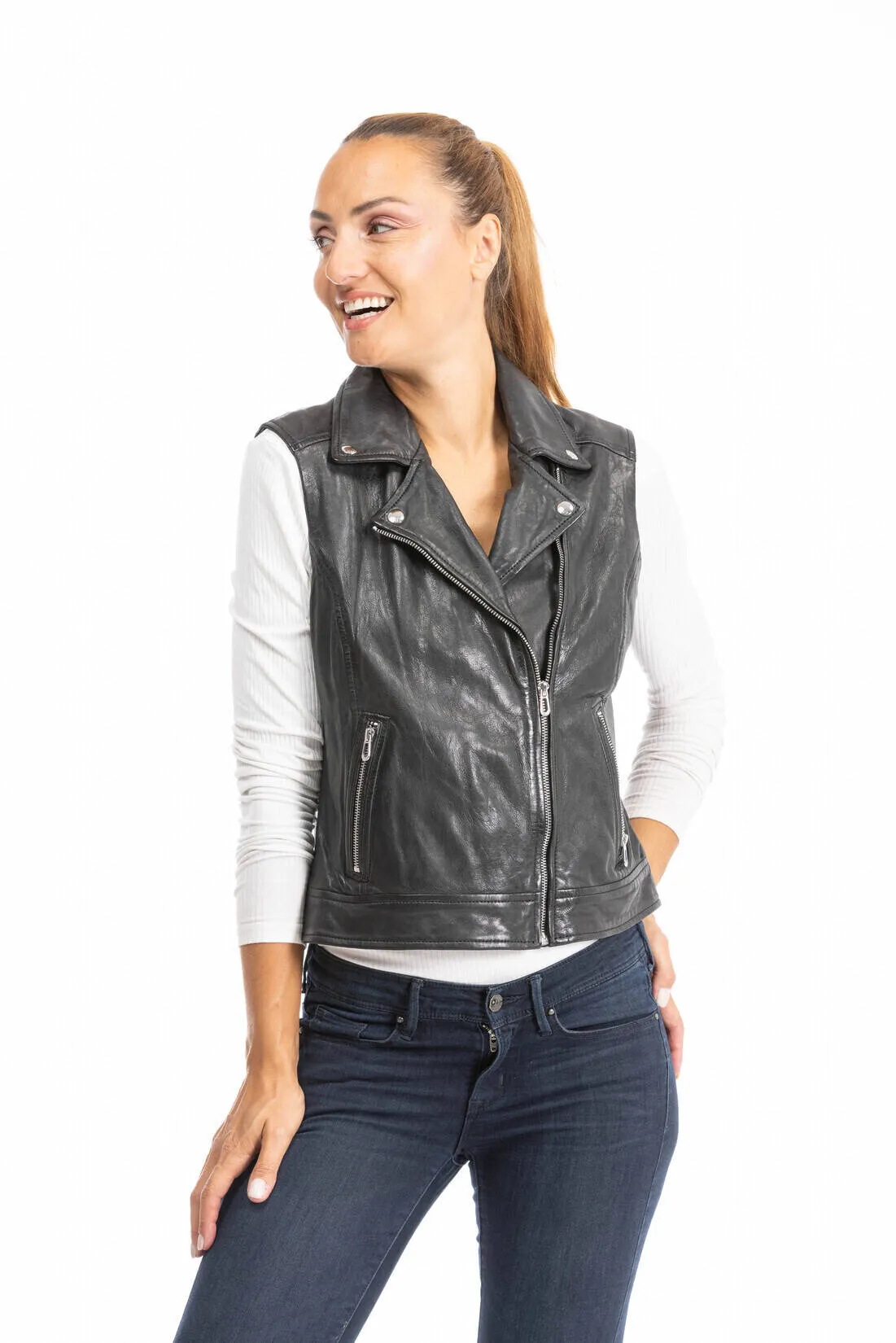 Gilet sans manches cuir femme noir