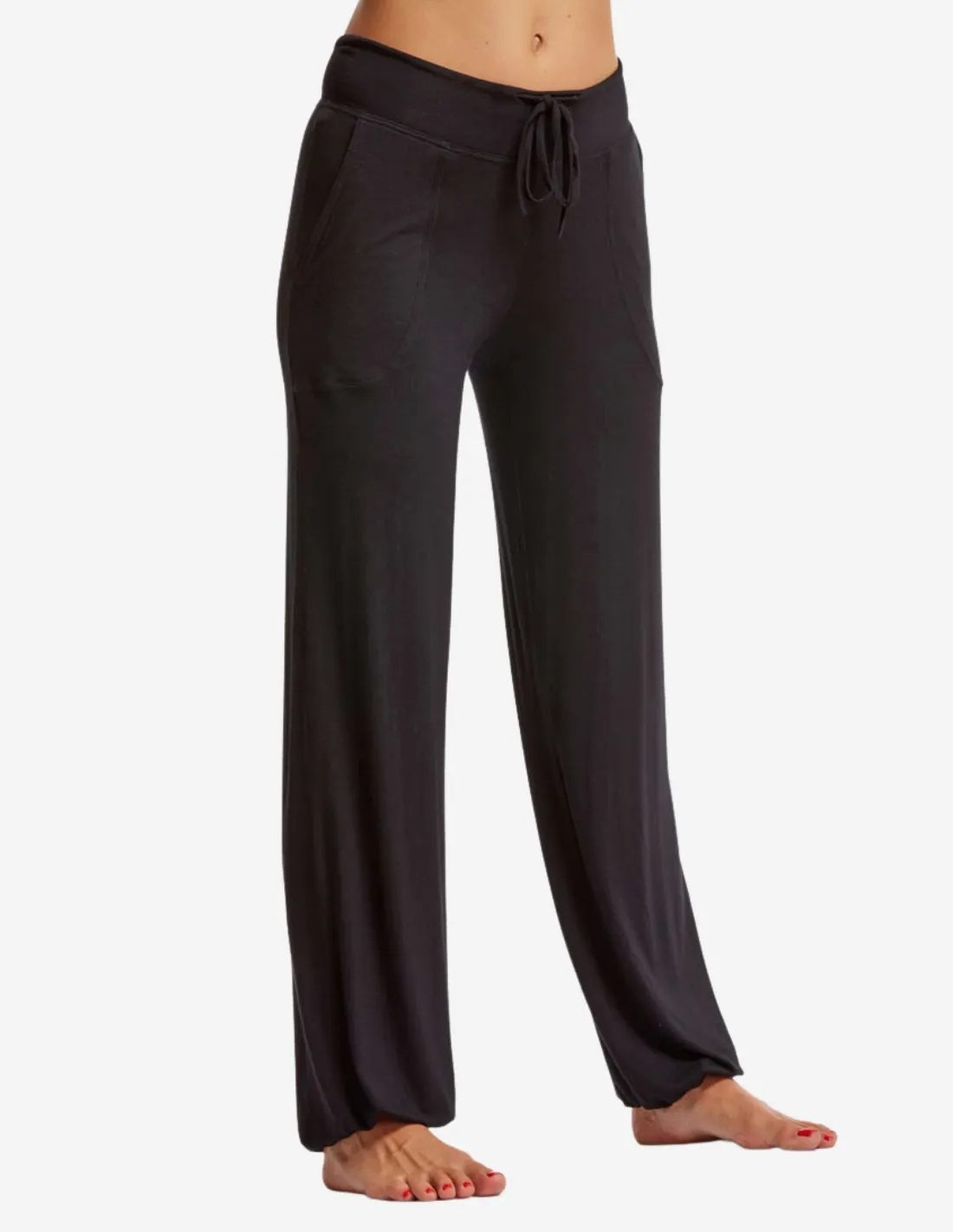 Pantalon fluide droit Noir - avec poches et lien aux chevilles