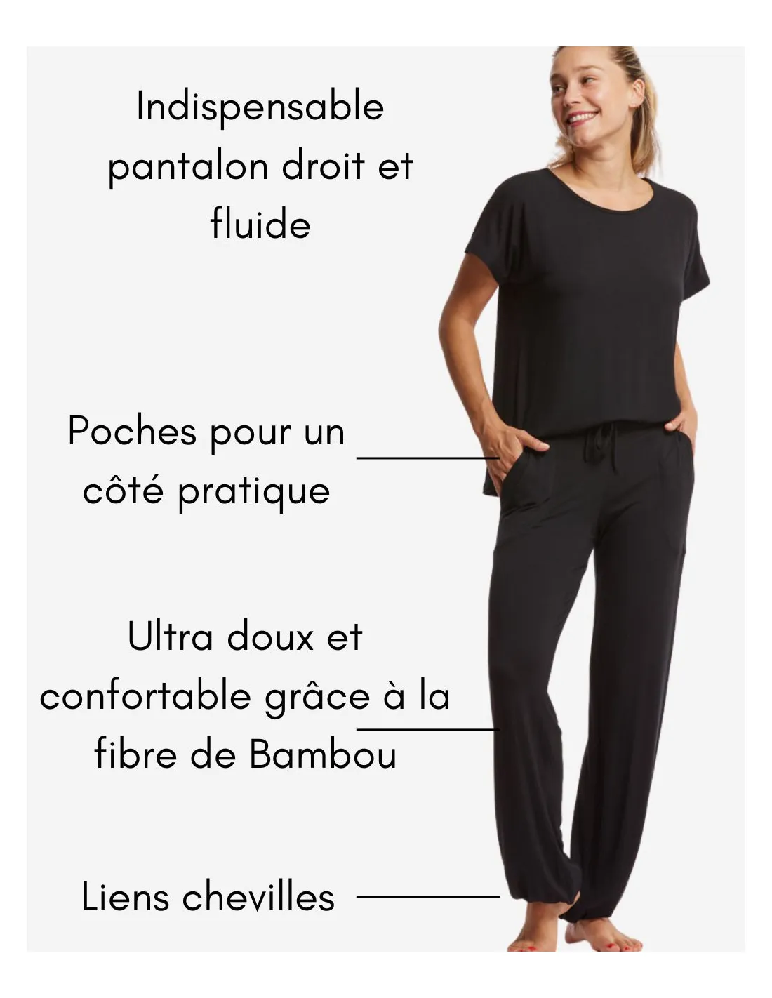 Pantalon fluide droit Noir - avec poches et lien aux chevilles