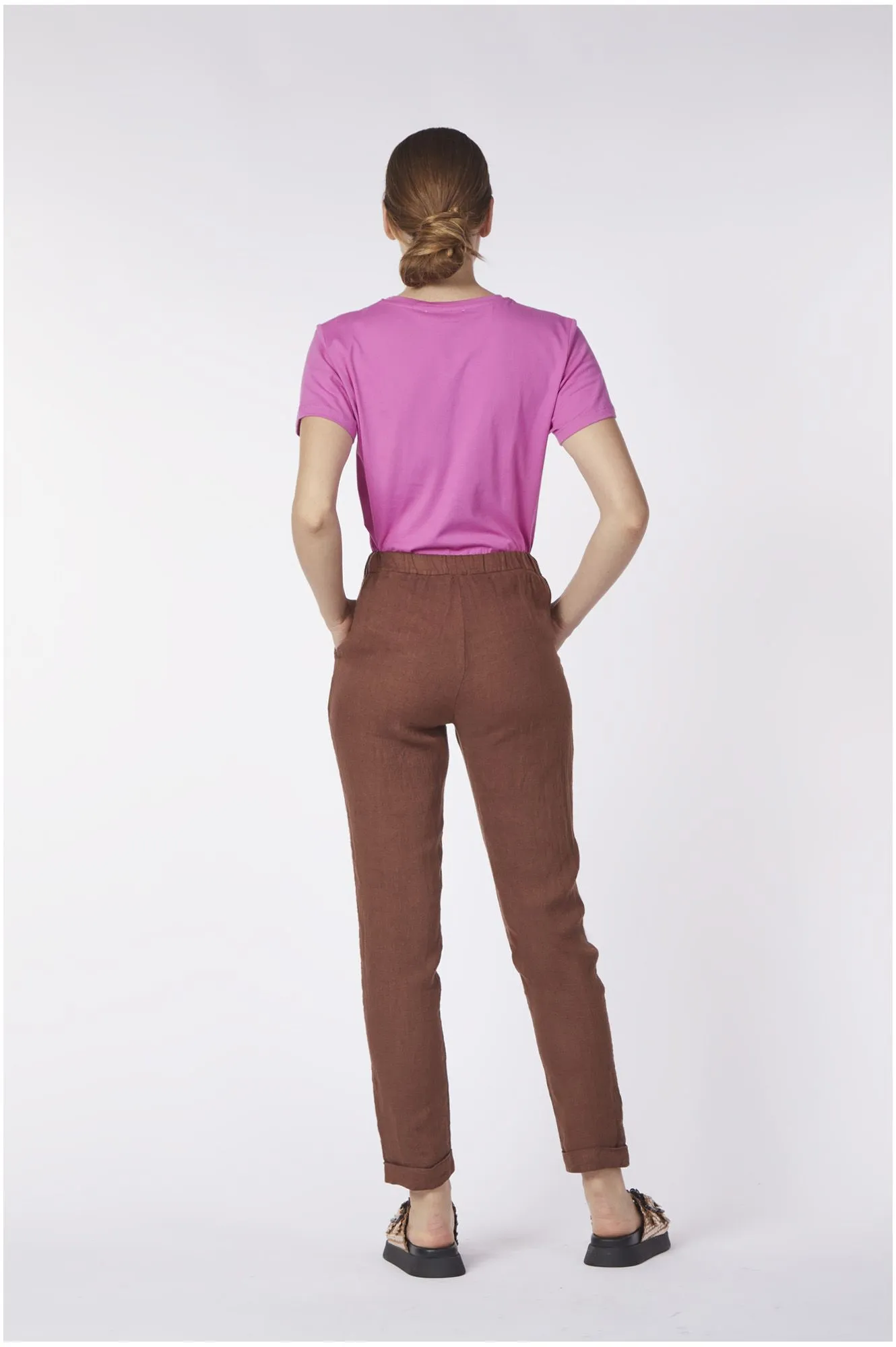 pantalon teint en pièce avec taille élastique tobacco - CafèNoir