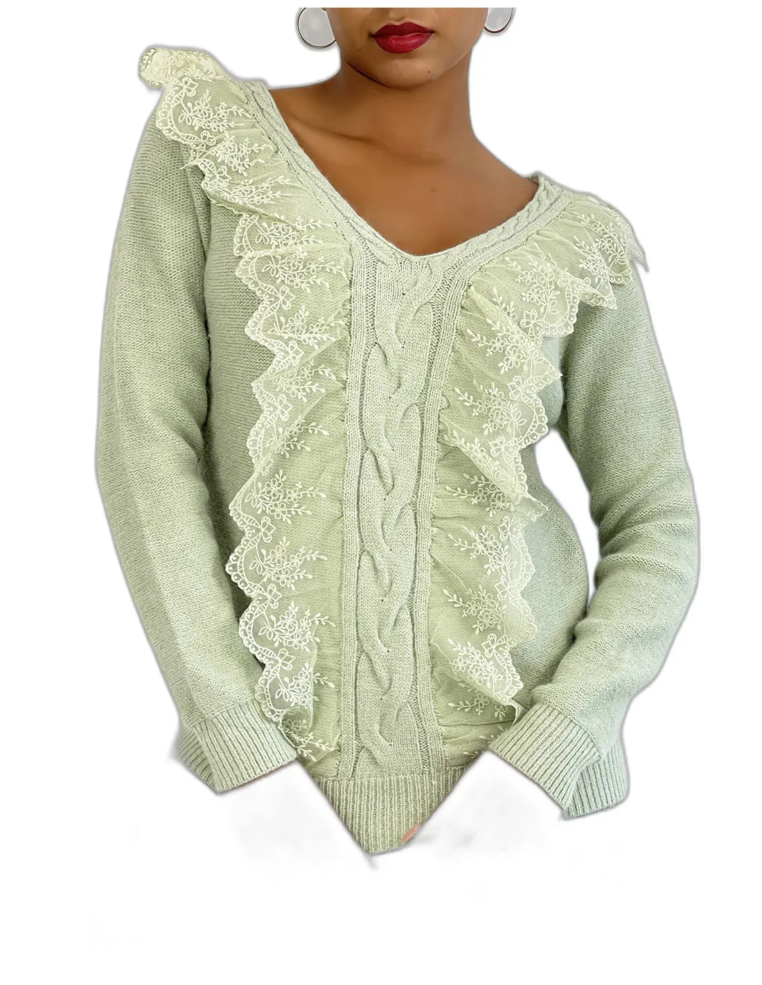 Pull  col V très chic vert pomme à volants