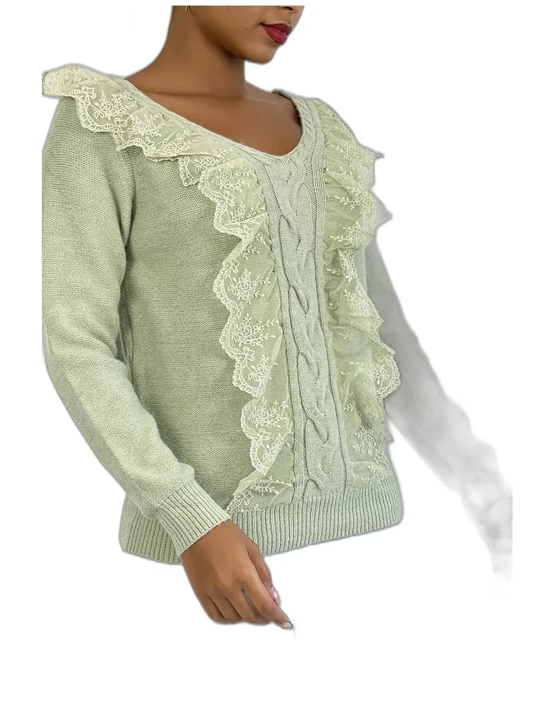 Pull  col V très chic vert pomme à volants