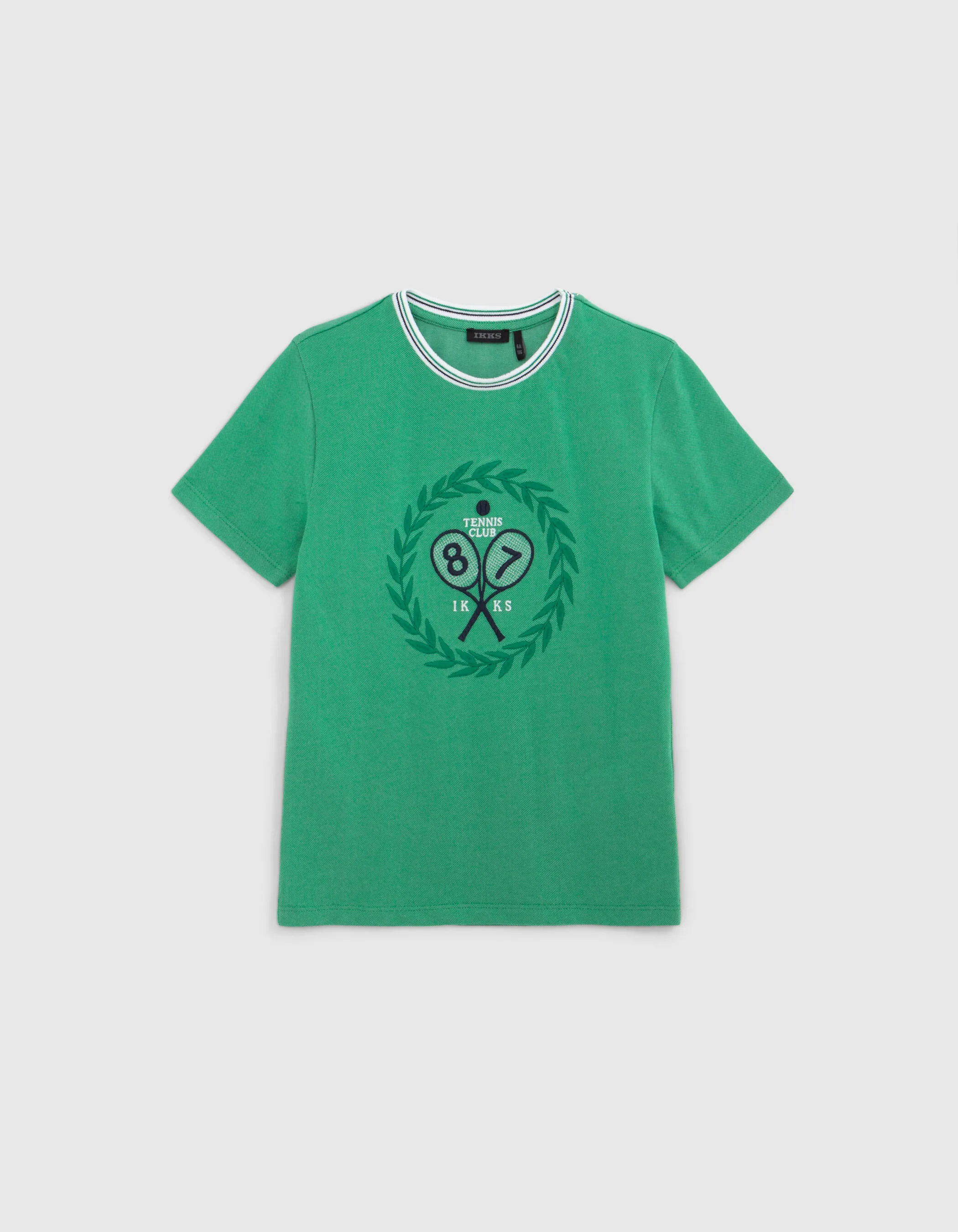 T-shirt vert broderies blason raquettes vintage garçon