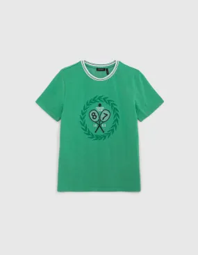 T-shirt vert broderies blason raquettes vintage garçon