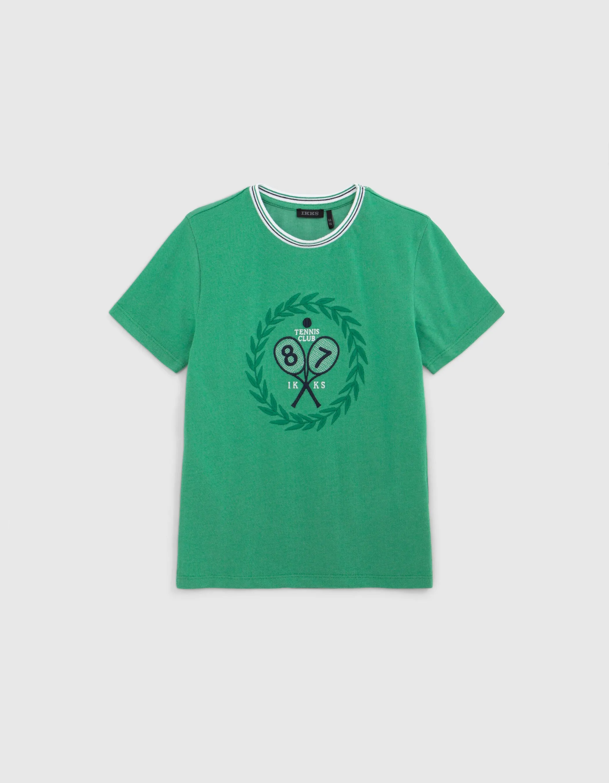 T-shirt vert broderies blason raquettes vintage garçon