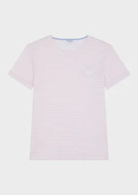 Tee-shirt manches courtes en coton et lin col rond rose à rayures blanches