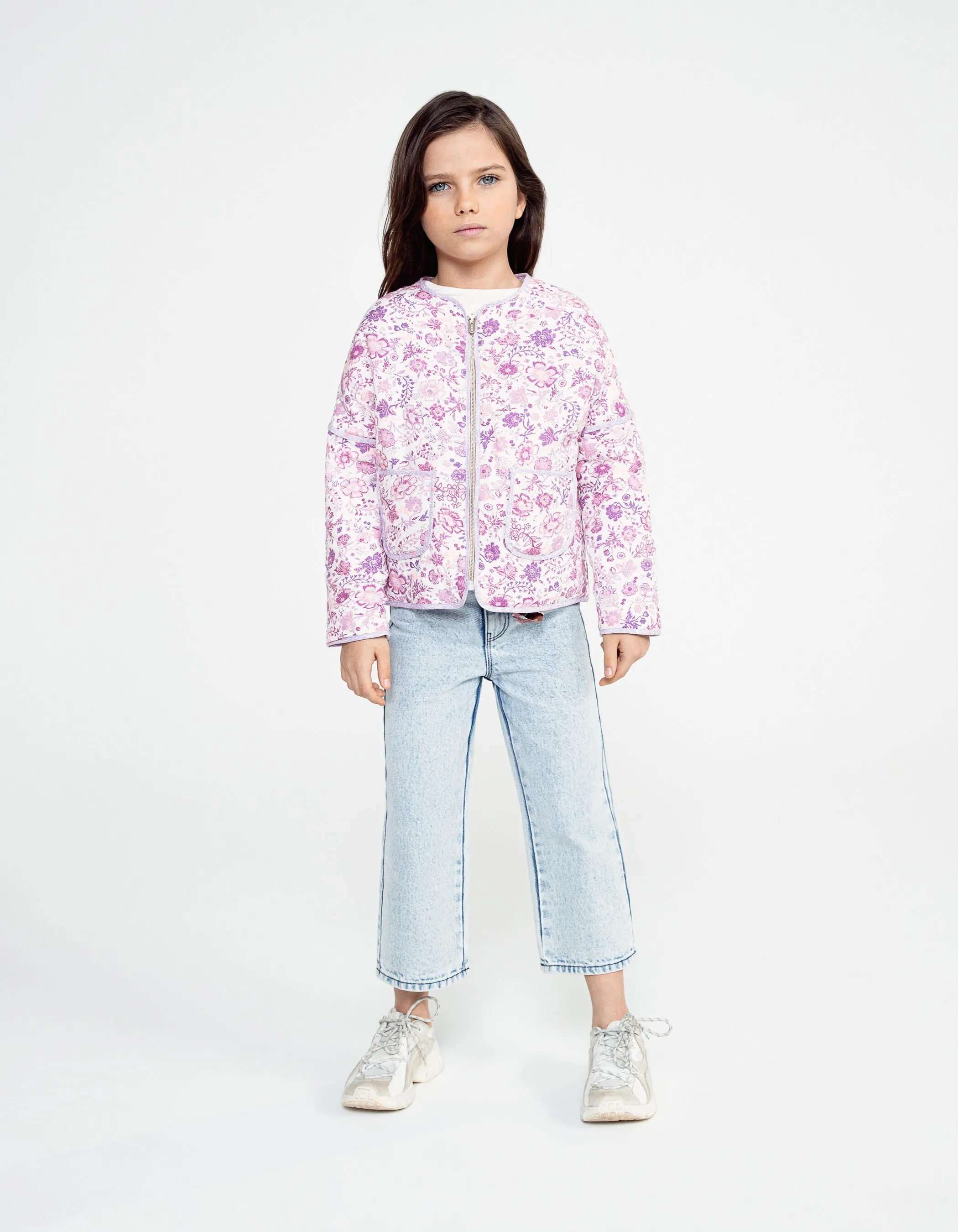 Veste blanc cassé imprimé fleurs parme fille