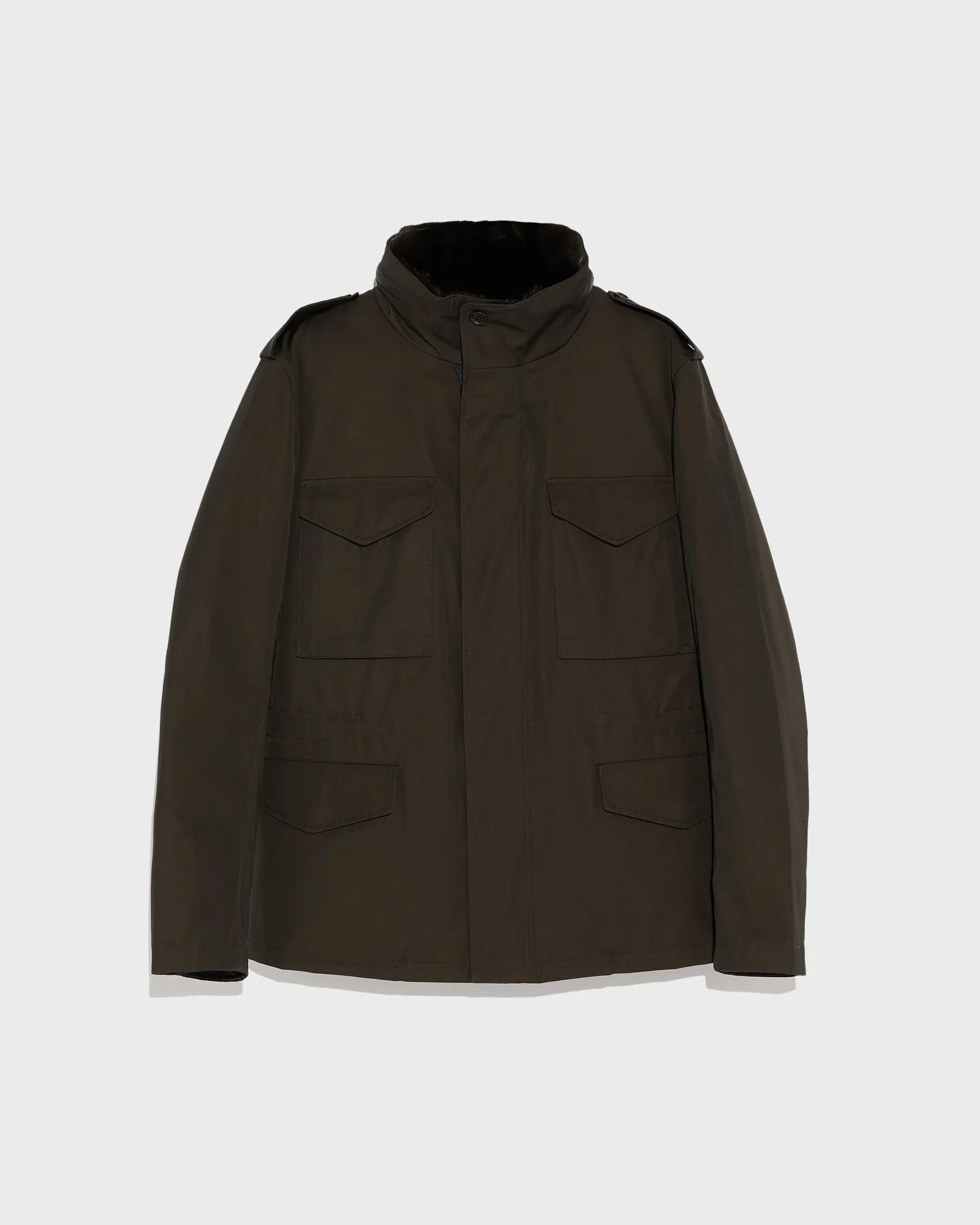 Veste style saharienne en gabardine technique avec col en vison