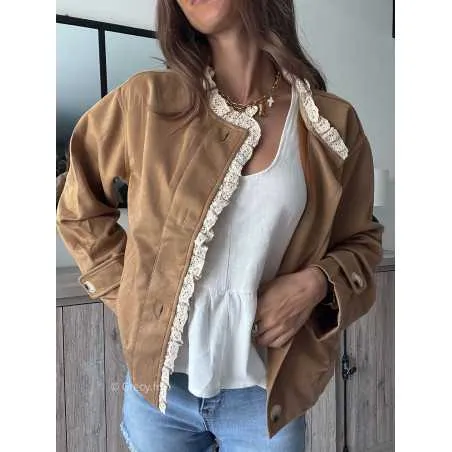 Veste suédine camel broderie manches longues