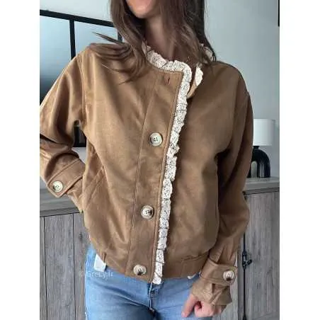 Veste suédine camel broderie manches longues