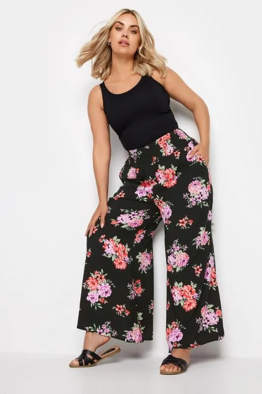 YOURS - Pantalon Wide Leg Noir Design Floral Rose